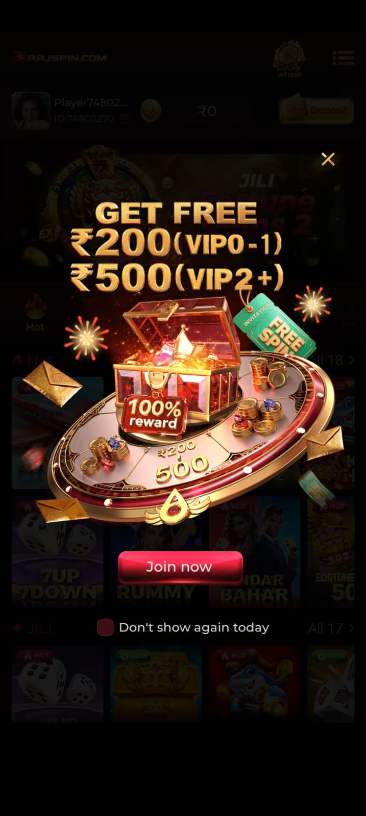 RajSpin Game dashboard displaying popular online card games including Teen Patti and Rummy tables.