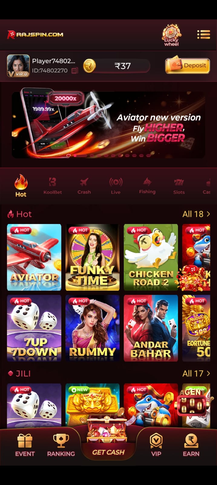 RajSpin Game promotional banner offering a 100% welcome deposit bonus and VIP loyalty perks.